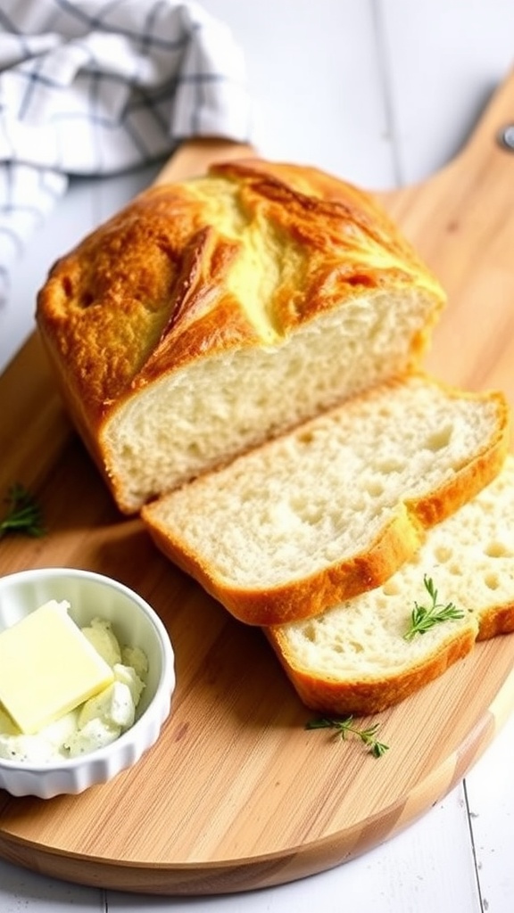 Low-Carb Keto Cottage Cheese Bread Recipe A loaf of keto cottage cheese bread sliced on a wooden board with butter and herbs.